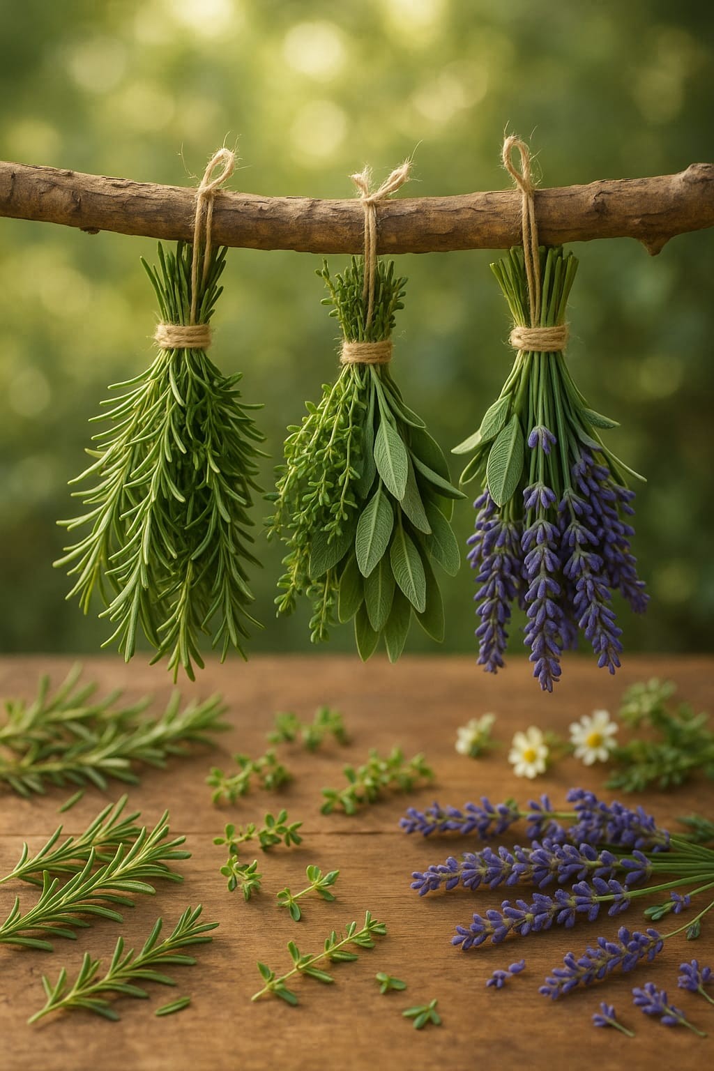 Gedroogde bundels van lavendel, rozemarijn en salie hangend aan een tak