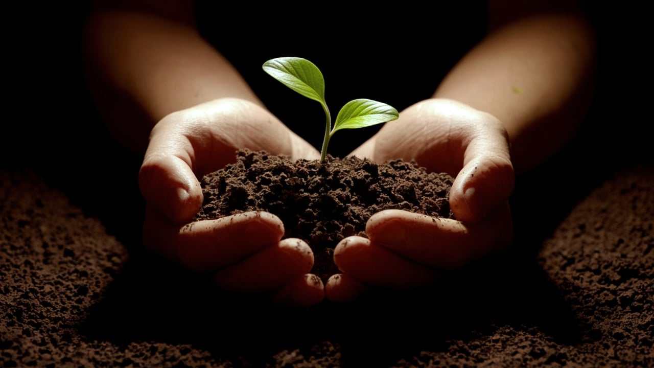 Hand die druppels water laat vallen op een jonge zaailing in vruchtbare grond